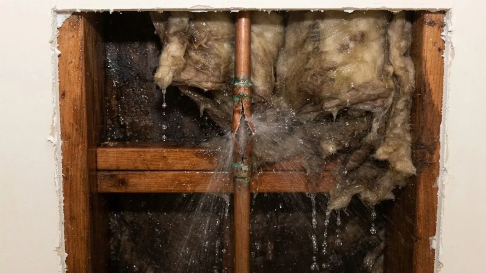 Opened wall with water spraying from a burst pipe through wet insulation