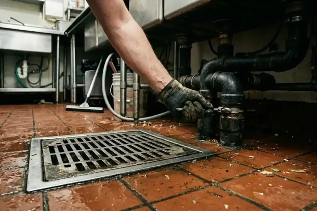 Gloved hand working on drain piping under a floor grate in a commercial kitchen