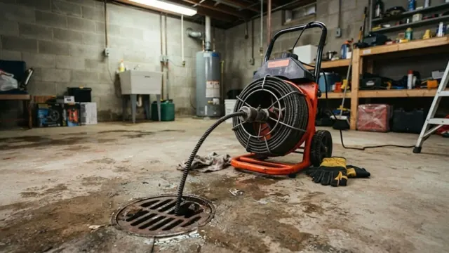 Drain cleaning machine feeding a cable into a floor drain in a garage