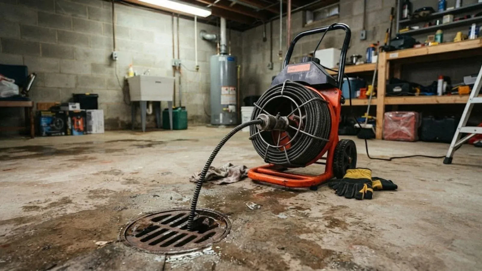 Drain cleaning machine feeding a cable into a floor drain in a garage