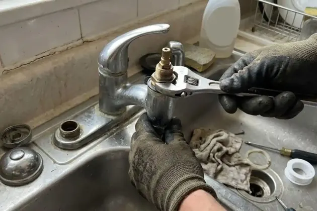 Gloved hands tightening a kitchen faucet with a wrench at a sink