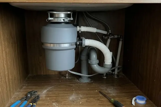 Garbage disposal unit mounted under a kitchen sink with drain connections