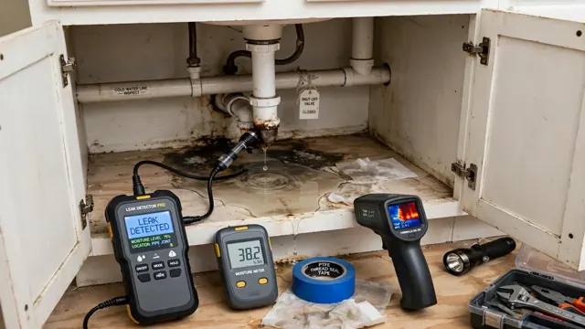 Moisture meters and a thermal camera on the floor of a sink cabinet with water damage