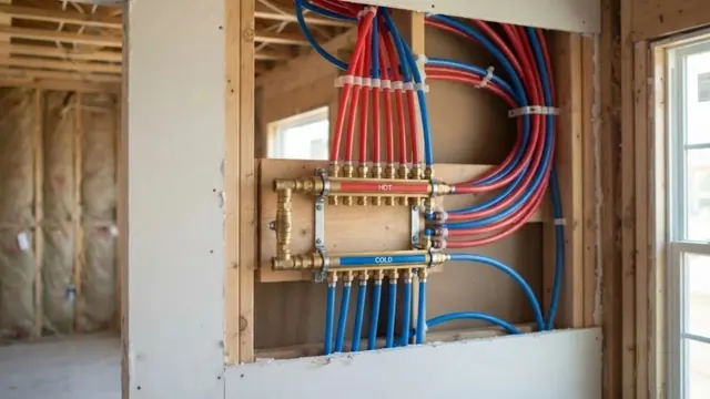 Wall framing with a PEX manifold and red and blue pipe runs for a whole house repipe