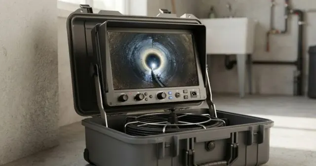 Sewer camera monitor in an open case showing the inside of a drain pipe