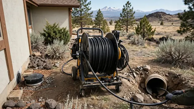 Cable reel at a yard sewer cleanout ready to clear the main line
