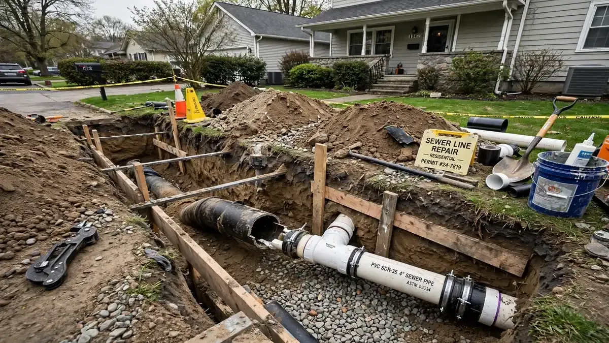 Open trench with new sewer pipe and fittings laid in gravel beside a house