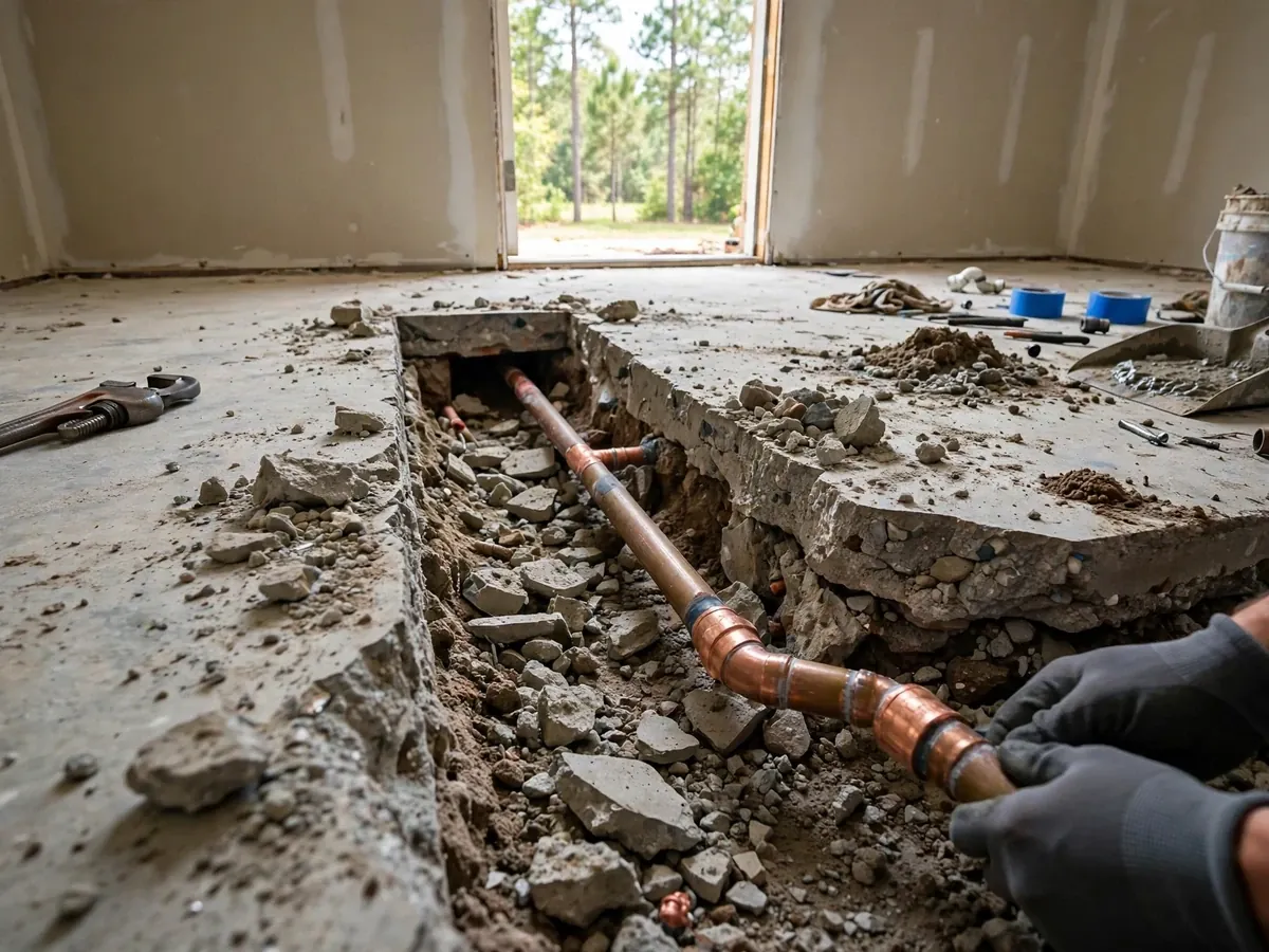 Broken concrete slab opened to expose a copper water line for leak repair