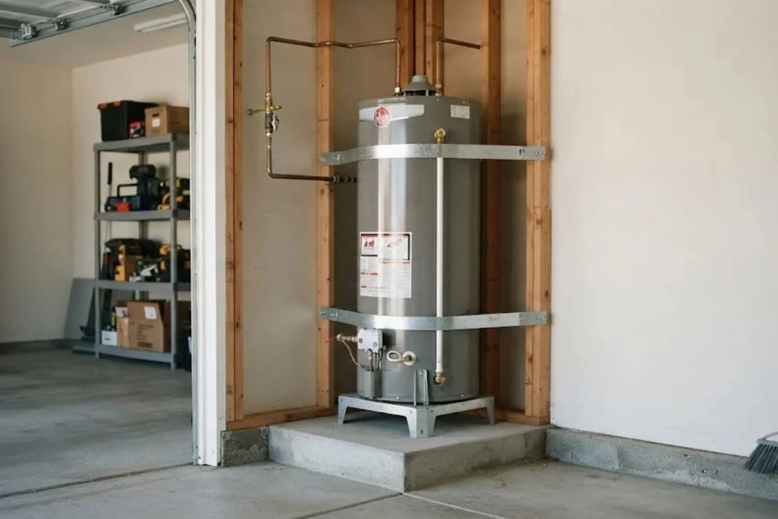 New tank water heater standing in a garage with strapping and copper supply lines