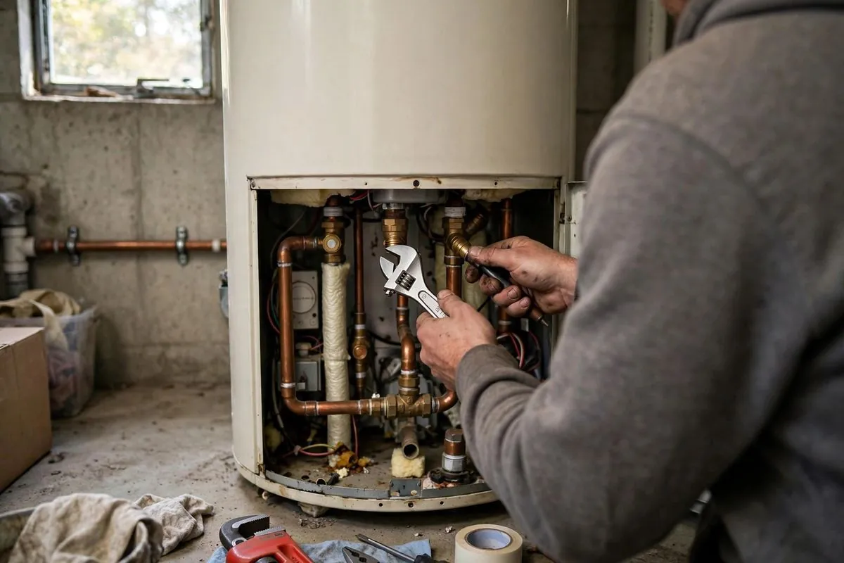 Plumber's hands using a wrench inside the open lower panel of a tank water heater