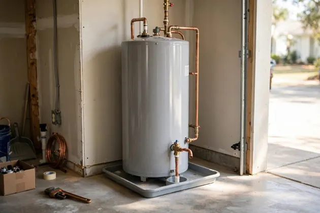 Gas tank water heater installed on a drain pan in a garage with copper supply lines