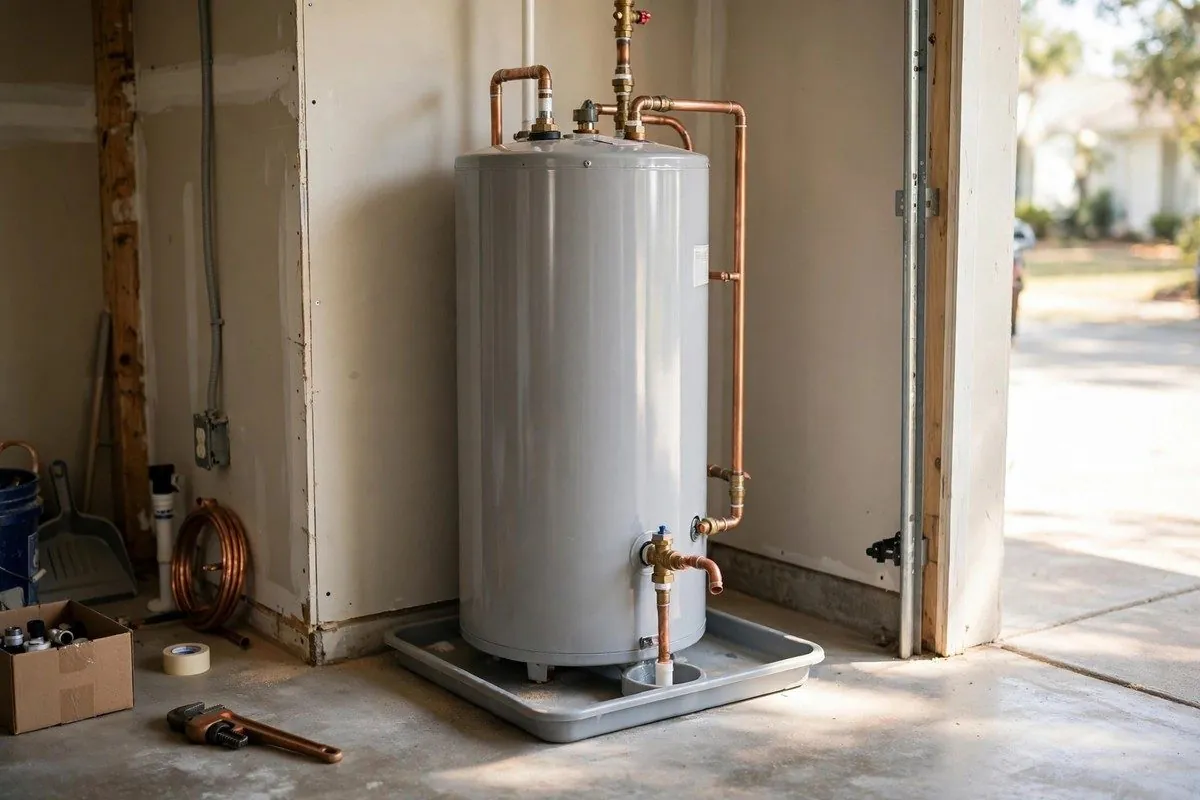 Gas tank water heater installed on a drain pan in a garage with copper supply lines