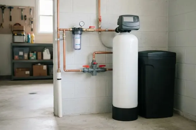 Water softener tank and brine tank installed in a garage with copper supply lines